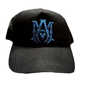 AMIRI BLACK M.A. TRUCKER HAT WITH BLUE LOGO